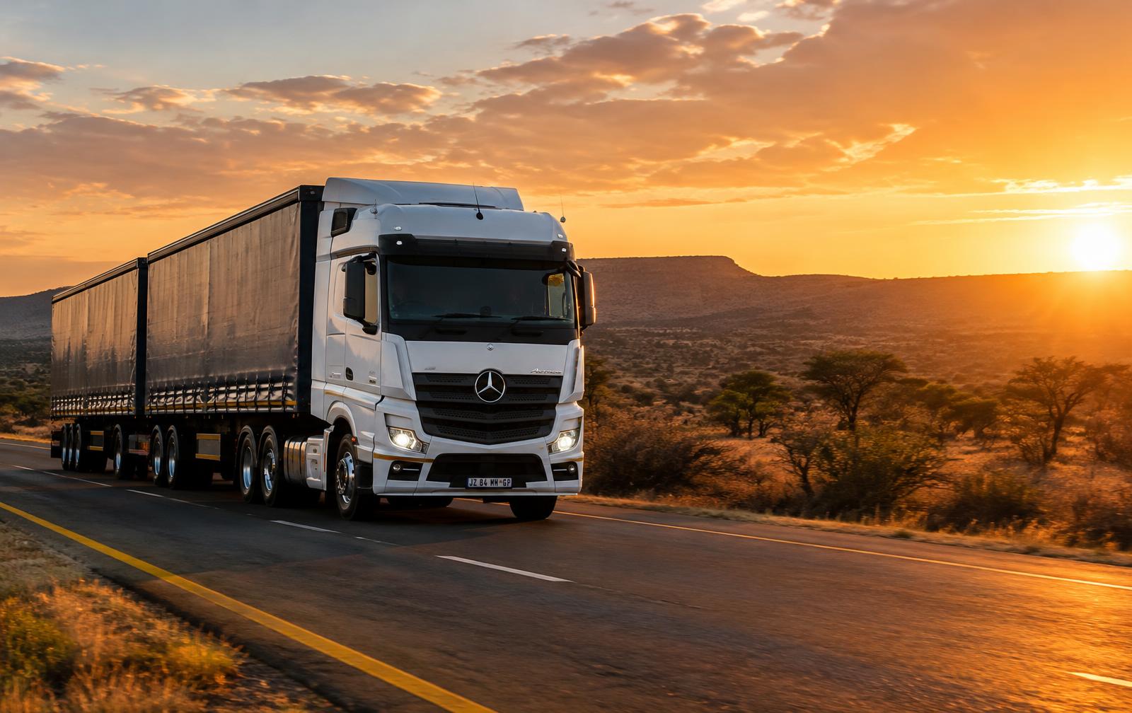 Linatouch-style long-haul truck on a Southern African highway at sunset